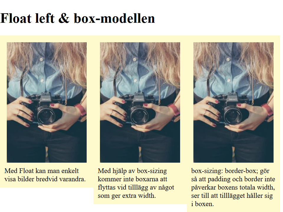 En bild på float left och boxmodellen